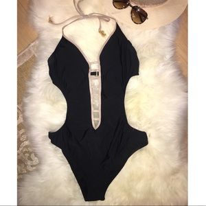 Navy and Gold Cutout Backless One Piece